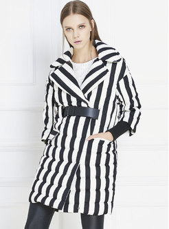 Lapel Striped Belted Mid-length Down Coat