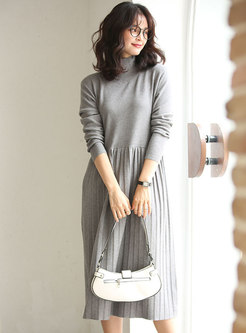 Turtleneck Long Sleeve Sweater Pleated Dress