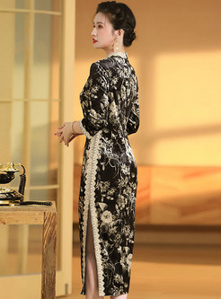 Mandarin Collar Print Velvet Cheongsam Dress