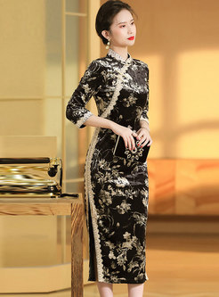 Mandarin Collar Print Velvet Cheongsam Dress