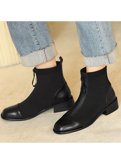 Rounded PU Patchwork Chunky Heel Ankle Boots