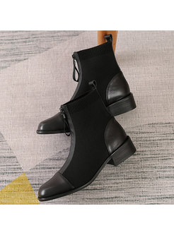 Rounded PU Patchwork Chunky Heel Ankle Boots