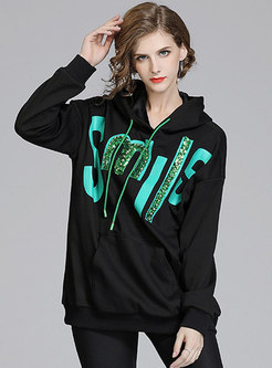 Letter Print Sequin Pullover Hoodie