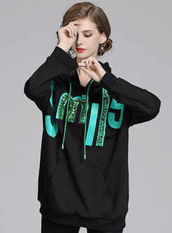 Letter Print Sequin Pullover Hoodie