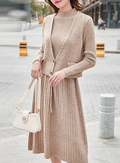Long Sleeve Drawstring Sweater Dress With Vest