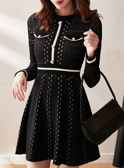 Black Long Sleeve A Line Knitted Dress