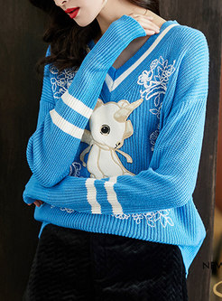 Cartoon Embroidered Pullover Wool Sweater