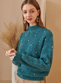 Mock Neck Pullover Beaded Loose Sweater