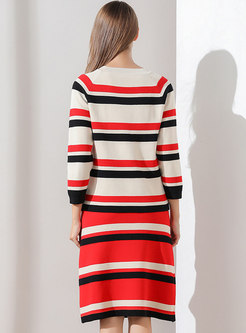 Striped Color-blocked Knitted Skirt Suits