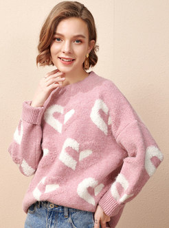 Heart Print Pullover Crew Neck Sweater
