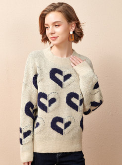 Heart Print Pullover Crew Neck Sweater
