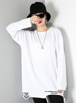 White Letter Print Ripped Pullover T-shirt