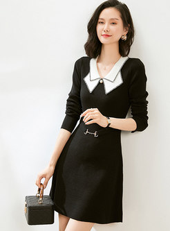 Color-blocked Bowknot A Line Sweater Dress