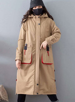 Hooded Color-blocked Straight Long Coat