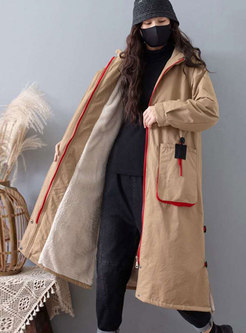Hooded Color-blocked Straight Long Coat