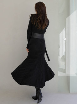 Turtleneck Long Knitted Peplum Dress Without Belt