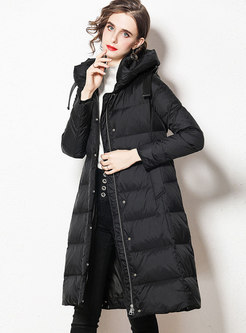 Hooded Knee-length Belted A Line Puffer Coat