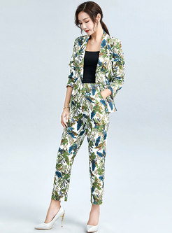 Notched Print High Waisted Slim Pant Suit