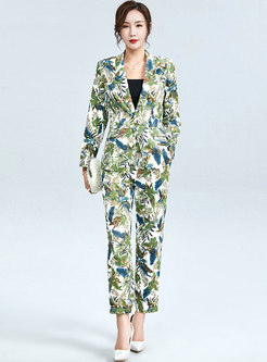 Notched Print High Waisted Slim Pant Suit