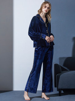 Lapel Long Sleeve Velvet Loose Pajama Set