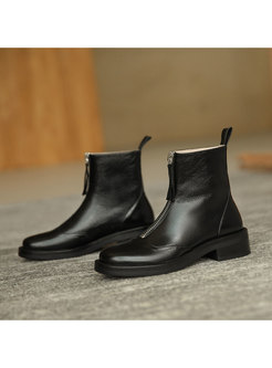 Rounded Toe Front Zipper Chunky Heel Boots