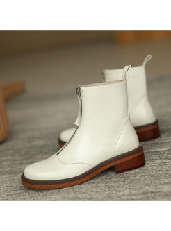 Rounded Toe Front Zipper Chunky Heel Boots