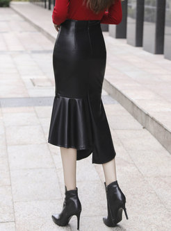 High Waisted Asymmetric PU Peplum Skirt