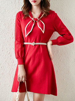 Bowknot Color-blocked A Line Knitted Dress