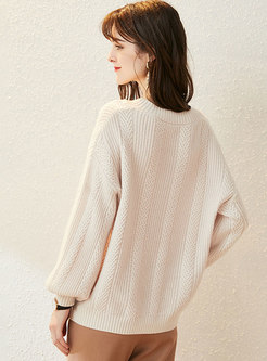 V-neck Lantern Sleeve Pullover Sweater