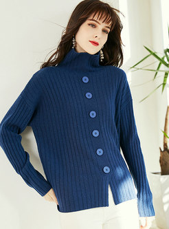 Turtleneck Pullover Buttons Ribbed Sweater