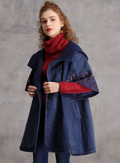 Hooded Half Sleeve Embroidered Denim Trench Coat