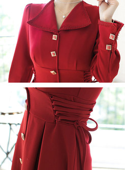 Red Lapel Drawstring Plus Size Cocktail Dress