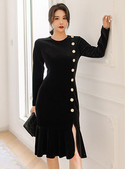 Black Long Sleeve Knitted Peplum Dress