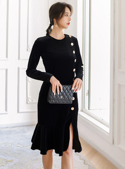 Black Long Sleeve Knitted Peplum Dress