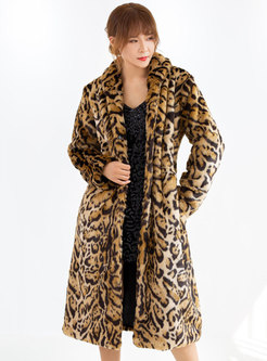 Mock Neck Leopard Straight Faux Fur Coat