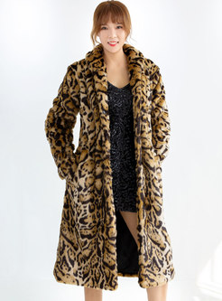 Mock Neck Leopard Straight Faux Fur Coat