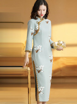 Mandarin Collar Embroidered Midi Cheongsam Dress