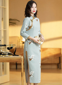 Mandarin Collar Embroidered Midi Cheongsam Dress