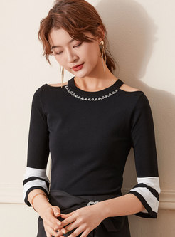 Flare Sleeve Cold Shoulder Beaded Sweater