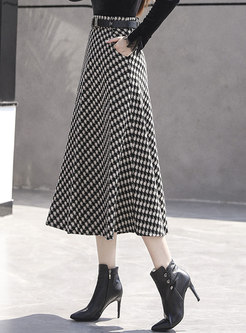 High Waisted Houndstooth Maxi Skirt With Belt