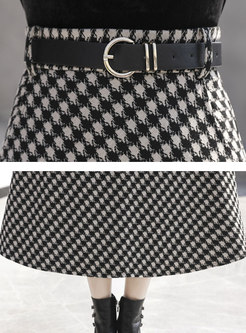 High Waisted Houndstooth Maxi Skirt With Belt