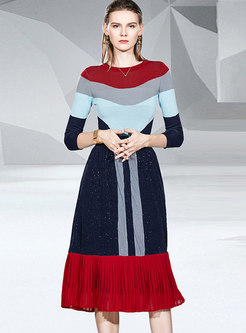 Color-blocked 3/4 Sleeve Knitted Skirt Suits