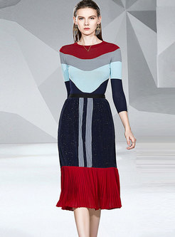 Color-blocked 3/4 Sleeve Knitted Skirt Suits