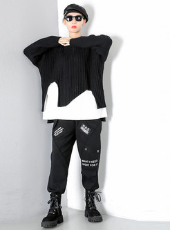Crew Neck Knitted Patchwork Asymmetric Sweater