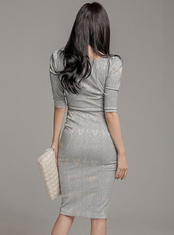 Square Neck 3/4 Sleeve Print Bodycon Dress