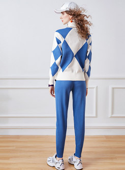 Turtleneck Geometric Print Knitted Pant Suits
