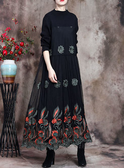 Mesh Lace Embroidered Patchwork Maxi Dress
