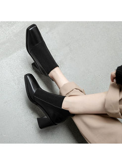Square Toe Patchwork Chunky Heel Ankle Boots