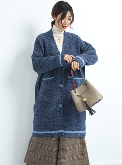 V-neck Single-breasted Long Knitted Coat
