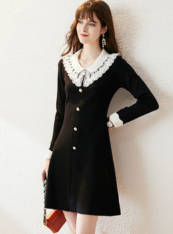 Lace Openwork Doll Collar Knitted Skater Dress